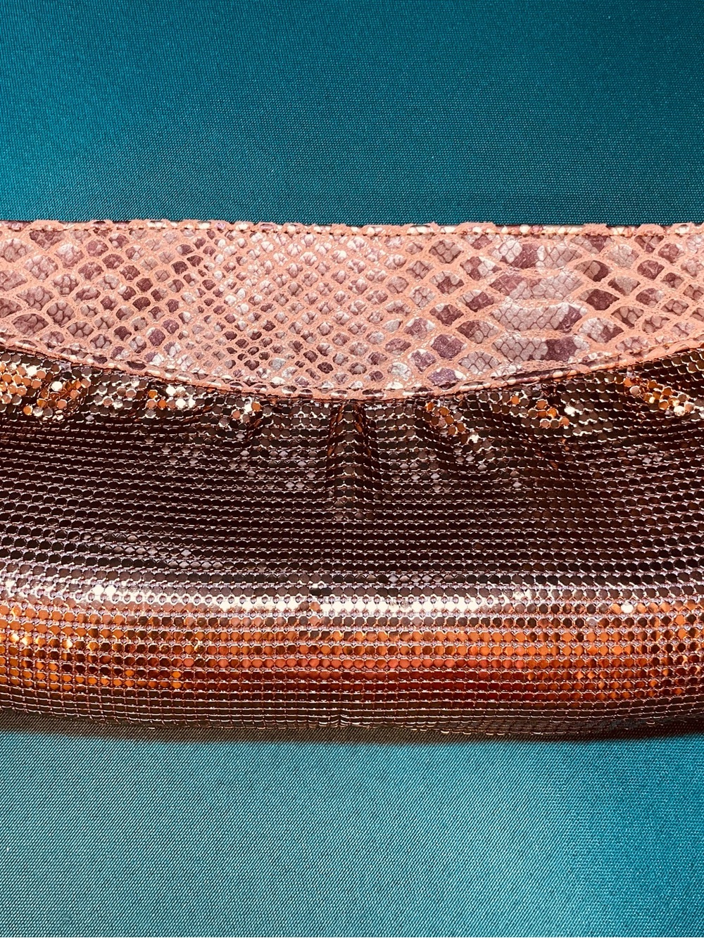 Beautiful Whiting & Davis gold metal mesh and snakeskin leather evening clutch